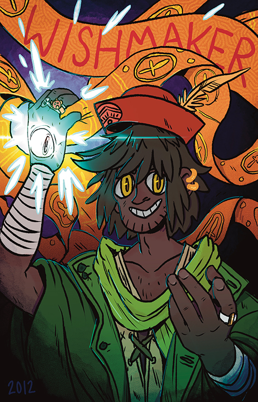 Alternate design comic cover for Wishmaker. An orange scarf billows in the background behind the wishmaker casting a blue spell.